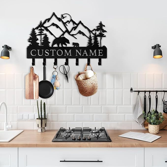 Kotagi Personalized Key Holder for Wall - Custom Name Metal Black Bear Coat Hook Key Holder Wall Mount, Key Hooks on Wall, Key Rack Hanger Organizer for Entryway, Front Door, Hallway, Home Decor