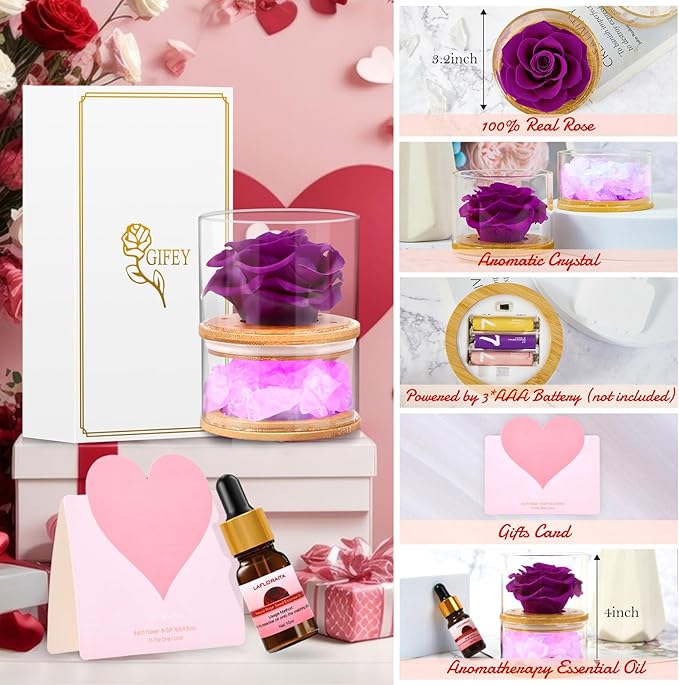 Birthday Gifts for Women,Christmas Women Gifts,Preserved Purple Rose with Lights, Preserved Flower Aromatherapy Rose Gifts for Women,Mom,Girlfriend,Wife Gifts for Christmas Valentines Day Birthday
