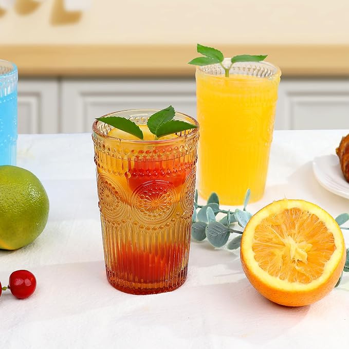 Loivttvv 6pcs Vintage Drinking Glasses Set, 12 oz Amber Highball Glasses, Embossed Ribbed Glassware Cups for Thanksgiving Cocktail, Juice, Whiskey