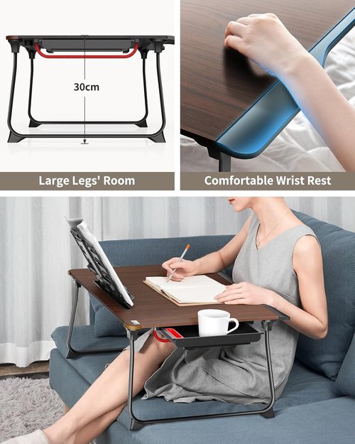 SAIJI XX-Large Laptop Desk - Foldable Bed Tray Table with Storage Drawer & Handrest | Black Cherry