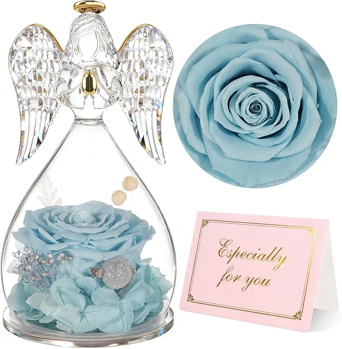 Yamonic Mom Birthday Gifts for Mom, Glass Angel Figurines Forever Real Rose Gifts for Her Women Grandma, Preserved Rose Angel Figurine for Mothers Day Birthday Gifts for Moms from Daughter(Pale Blue)