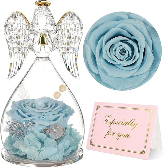 Yamonic Mom Birthday Gifts for Mom, Glass Angel Figurines Forever Real Rose Gifts for Her Women Grandma, Preserved Rose Angel Figurine for Mothers Day Birthday Gifts for Moms from Daughter(Pale Blue)