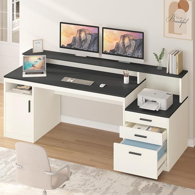 65 Inch Computer Desk with 3 Drawers & Storage Shelves, Executive Desk with File Drawer & Cabinet, Home Office Desk with Long Monitor Stand & Printer Shelf, Black & White