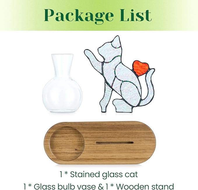 Hewory Handmade Cat Propagation Stations: Iridescent Stained Glass Cat Planter Pot with Wooden Stand for Desktop Decor for Plant Lovers Women