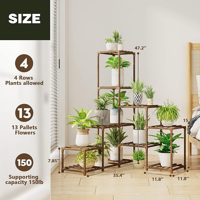 Bamworld Plant Stand Indoor Corner Plant Shelf Wood Plant Holder 13 Pots for Multiple Plants Home Decor for Gardening Gifts