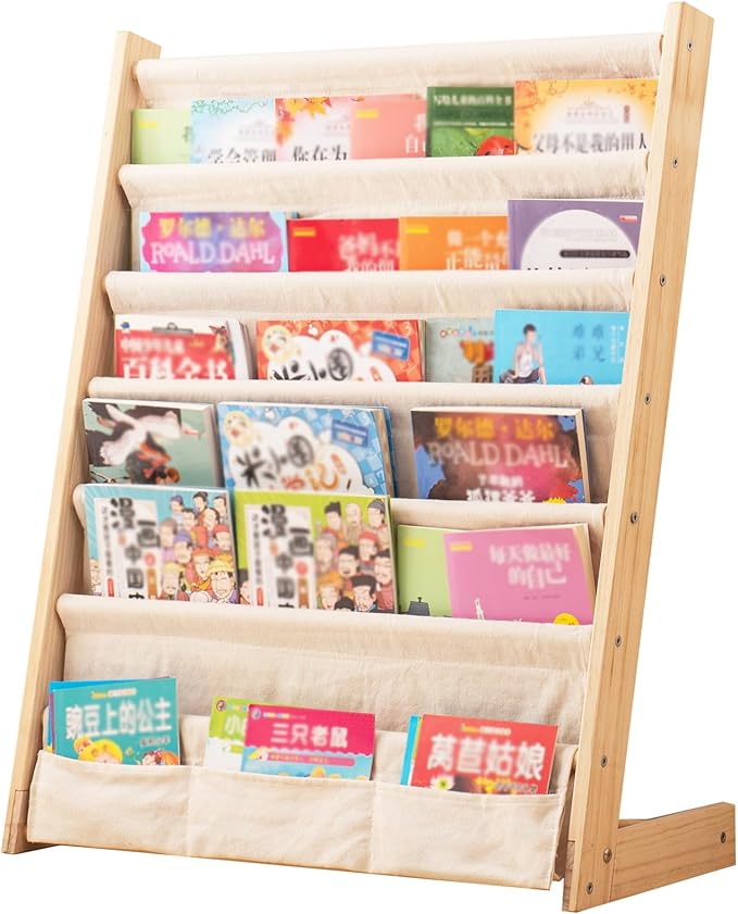Wooden Bookshelf for Kids Wood Bookrack Canvas Book Storage Shelf Display Bookshelf 6 Tier Kids Book Rack for Bedroom Living Room Playroom Storage Organizer Natural (24.6" L x 11.81" W x 31.10" H)