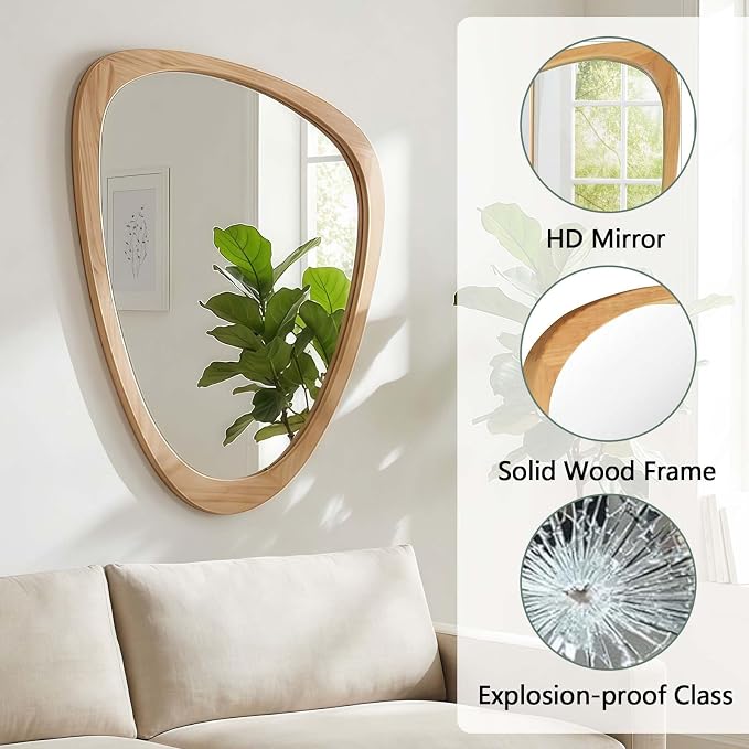 Majnesvon 24x36 Inch Asymmetrical Wall Mirror Wood,Rustic Irregular Shaped Vanity Mirror for Bathroom,Bedroom, Living Room, Entryway, Fireplace,Wall Decor,Solid Wooden Frame (Oak, 24"x36" Inch)