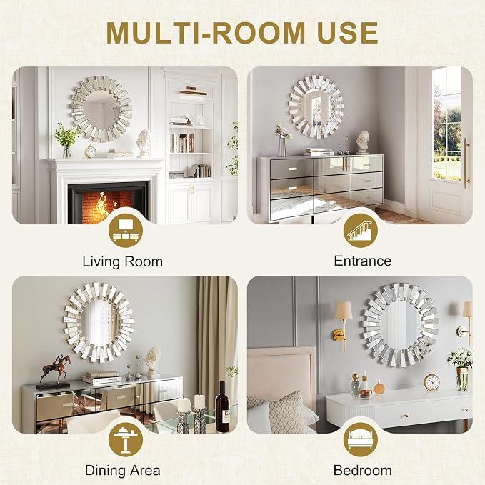 Silver Round Sunburst Wall Mirror - 26" Large Beveled and Birrored Edge Elegant Modern Bohemian Sun Wall Decorative Mirror for Entrance Bedroom Living Room Hallway Bathroom Fireplace Dining Room