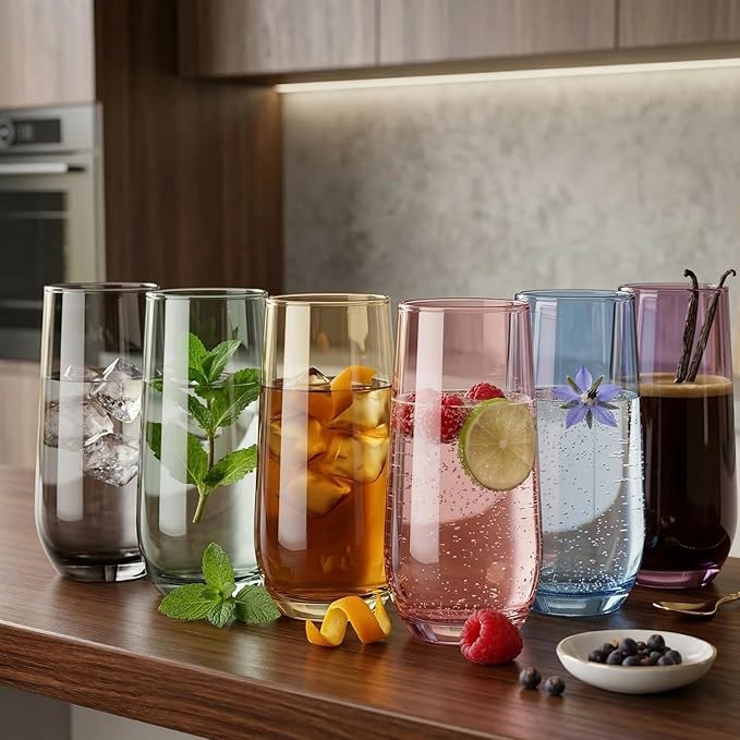 Smokey Sand Drinking Glasses Set of 6 | Translucent Brown Glassware | 16 oz Brown Glass Cups | Highball Drinkware for Cocktails, Long Drink, Mojito, Juice, Soda | Modern Tortoise Drinkware