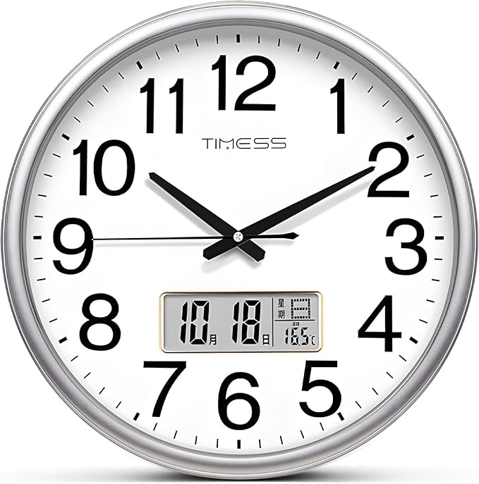 TIMESS Wall Clock, 16 Inch Non-Ticking Silent Battery Operated Quartz Analog with LCD Display for Perpetual Calendar and F° Temperature, Ideal Modern Home, Bedroom, Kitchen, Office Décor (Sliver)