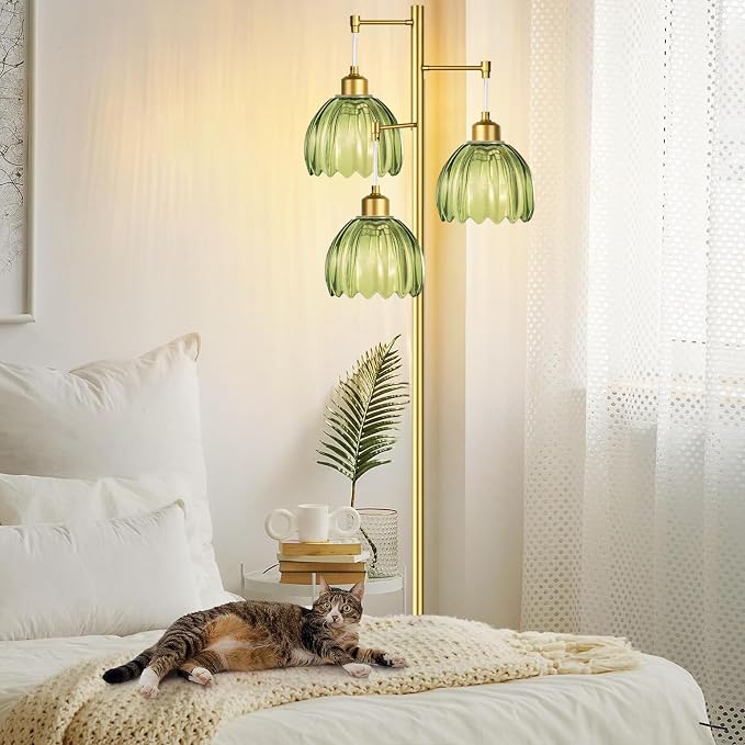 Glass Floor Lamp for Living Room,Bedroom,Gold Mid Century Modern Standing Lamp Brass Tree 3 Light Tall Floor Lamps Vintage Retro Floor Lights Green Flower Lamp Shade Farmhouse Boho Bohemian