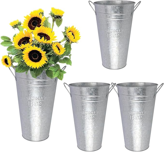 4 Packs 12 Inch Galvanized Metal Vases with Handles, Rustic Flower Buckets for Cut Flowers, Country Wedding, Table Centerpiece Decorations