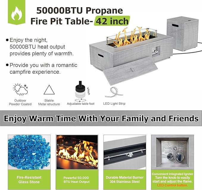 2-Piece 42" LED Rectangular Propane Fire Pit for Outside Patio with Hidden Tank Table, 50,000 BTU Fireplaces with Glass Wind Guard, Lid, Glass Rocks, Cover(Light Grey w/RGB Light)
