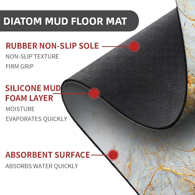 Diatomaceous Earth Bath Mat,Blue, White and Gold Marble Non-Slip Volume Super Absorbent Fast Drying for Bathroom Kitchen Door mat,Eco-Friendly Easy to Clean 17×27.5Inch (43 * 70cm)