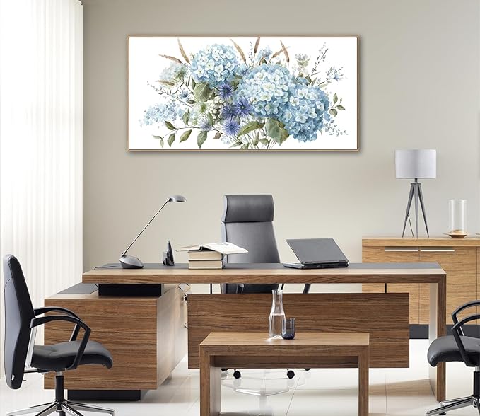 VEAEE Framed Flowers Canvas Wall Art - Blue Floral Canvas Pictures, Living Room Wall Decor, Blue Hydrangea Botanical Canvas Prints Painting Abstract Artwork Bedroom Office Home Decor 24"x 48"