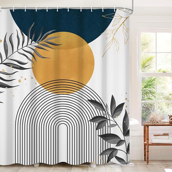 Boho Mid Century Shower Curtain, Orange Blue Modern Minimalist Abstract Geometric Gold Plant Leaves Arch Bathroom Curtains Waterproof Fabric Buthtub Curtain Set with Hooks 48" Wx72 L