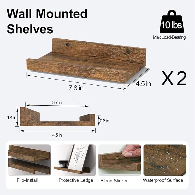 Small Floating Shelves for Wall Decor, Wall Mounted Wood Shelf for Bedroom, Living Room, Bathroom, Kitchen, Nursery, Display Ledge Shelf with Lip Set of 2-8 Inches, Brown