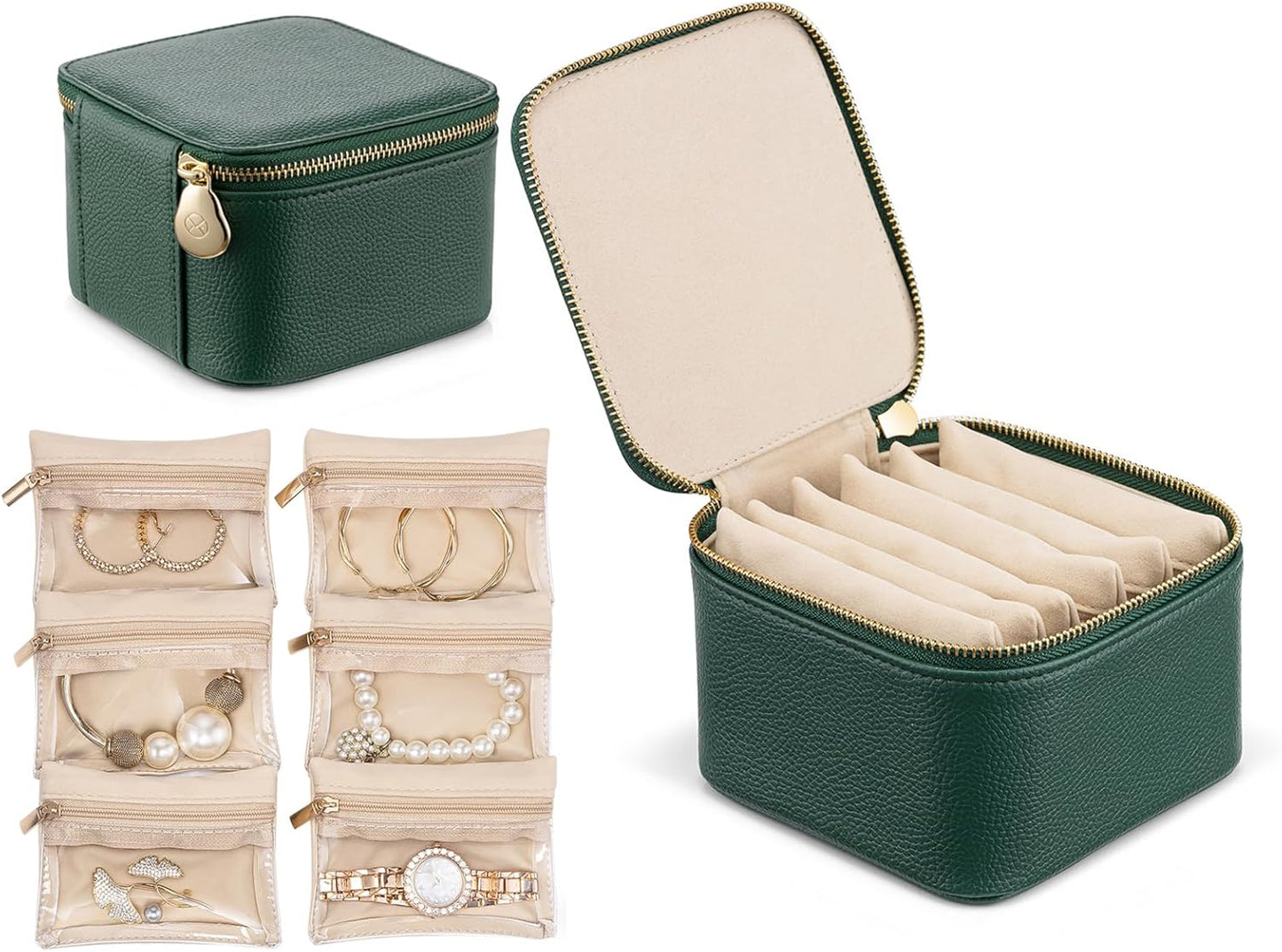 VLANDO Travel Jewelry Box Organizer - Portable PU Leather Case with 6/8/12 Zippered Pouches | Compact Dark Green Storage for Earrings, Rings, Necklaces, Bracelets