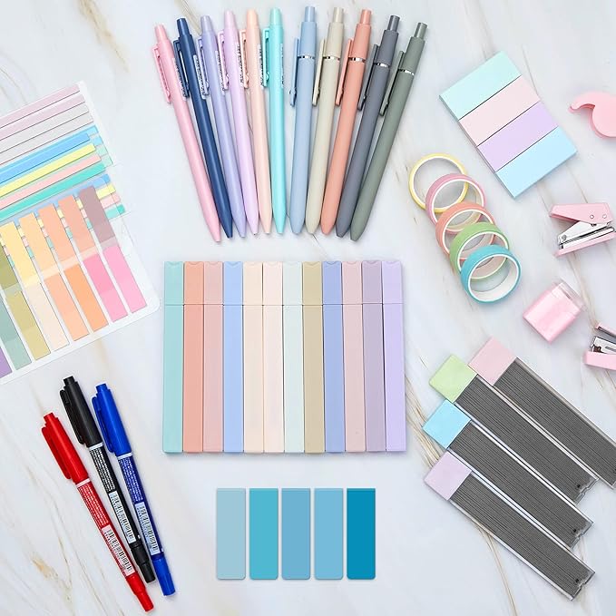 Sinload 60 Pcs Aesthetic Book Annotation Kit School Supplies Cute Pencil Case 12 Highlighter 5 Gel Pen 6 Mechanical Pencil 5 Magnetic Bookmark 1220 Pcs Sticky Note Tab Student Stationary(Light Blue)