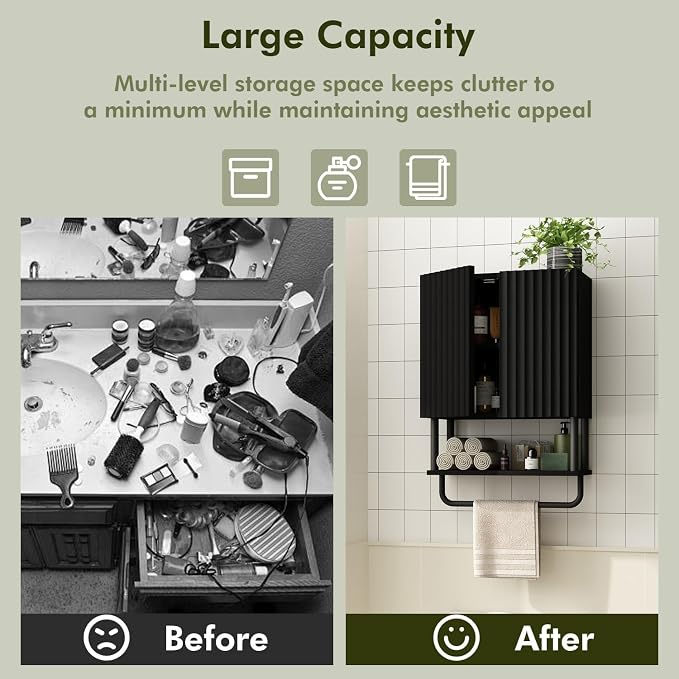 RUSTOWN Fluted Bathroom Wall Cabinet with 2 Doors, 3-Tier Modern Farmhouse Medicine Cabinet, Over The Toilet Storage Cabinet with Adjustable Shelf and Towel Bar(Black, Small)