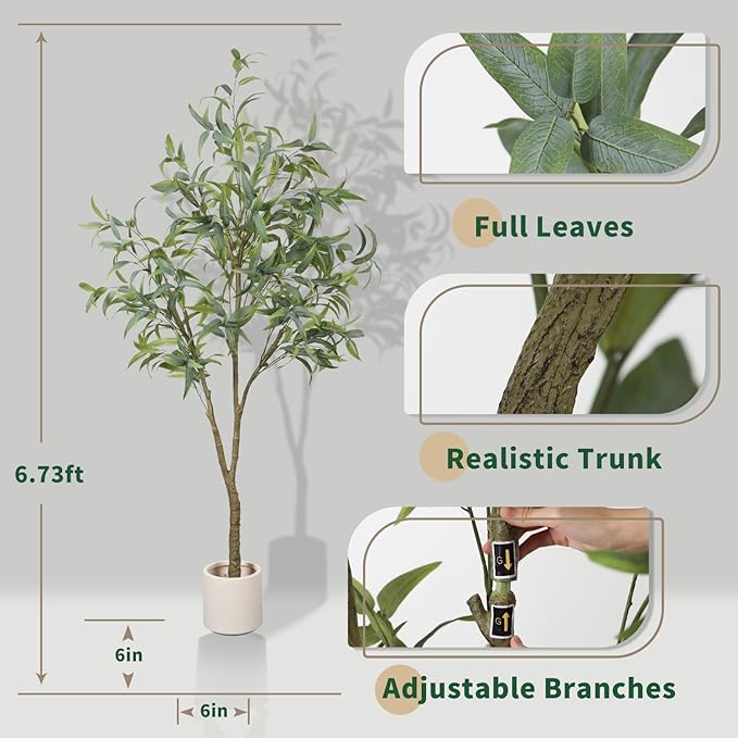 6.73ft Artificial Eucalyptus Tree, Faux Tree with Lifelike Leaves, Fake Eucalyptus Tree with Sturdy Plastic Pot, Artificial Plants for Office Home Living Room Indoor Outdoor Decor