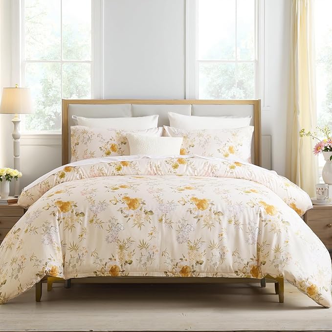 100% Cotton Duvet Cover Queen Size – Elegent Yellow Floral Duvet Cover Set with Zipper Closure & Corner Ties, 3-Piece Luxury & Silky Soft Bedding Set for All Seasons