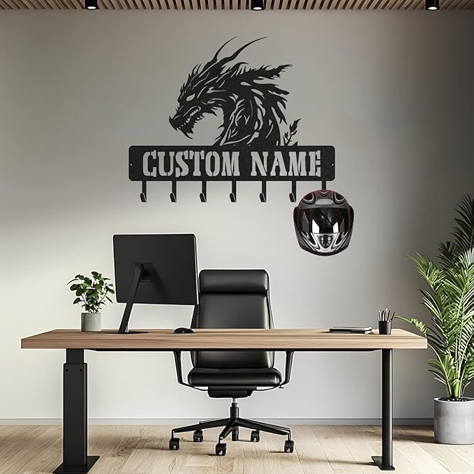 LOWACOS Personalized Dragon Key Holder, Custom Metal Dragon Key Hooks with Name, Large Black Metal Wall Hooks Rack, Custom Jacket Organizer for Gameroom, Bedroom, Entryway, Gifts for Men(8in)