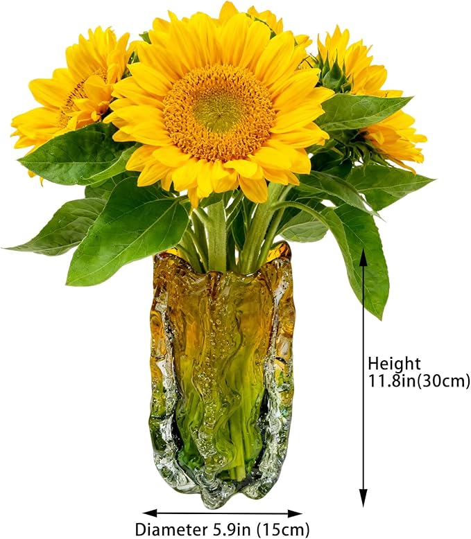 Blown Glass Bubble with Ruffled Edge Vase, Art Glass for Home Decor, Tall Vases for Centerpieces & Flowers, Crystal-Like for Bouquets & Pampas Grass, Vases Amber, Flower Bouquet Display (Yellow, L)