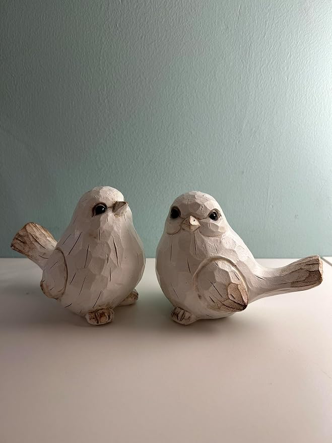 KiaoTime Farmhouse Bird Decor Resin Bird Figurines - Set of 2, Vintage & Modern Bird Decor Statue for Home Decor Accents, Cottage Bird Ornaments Decoration New White Carved Rustic Bird Figurine