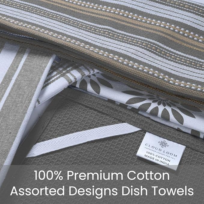 Assorted Kitchen Towels - Grey Kitchen Towels, Set of 5, 16x26 in - Absorbent 100% Cotton Dish Towels with Hanging Loop - Waffle Weave Tea Towels for Drying Dishes, Glassware & Counters