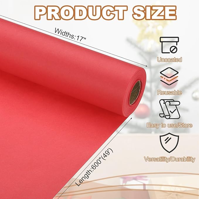 PATIKIL Wrapping Paper, 17" x 600"(49') 70 GSM Craft Paper Roll Kraft Packing Paper for Poster Bulletin Board, Gift Wrapping, Bright Red