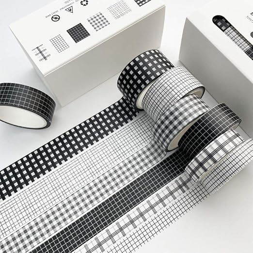 YUBBAEX 6 Rolls Plaid Washi Tape Set Basic Grid Masking Decorative Tapes for Arts, DIY Crafts, Journals, Planners, Scrapbooking, Wrapping (Black Plaid)