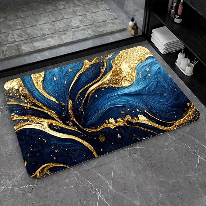Diatomaceous Earth Bath Mat,Blue and Gold Marble Texture Non-Slip Volume Super Absorbent Fast Drying for Bathroom Kitchen Door mat,Eco-Friendly Easy to Clean 20×31Inch(50 * 80cm)