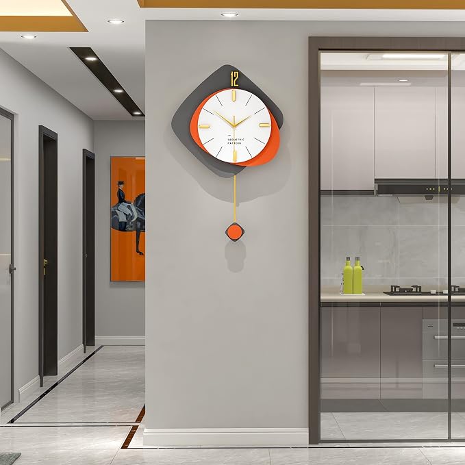 FLEBLE Modern Large Wall Clocks for Living Room Decor Wood Silent Decoration Wall Clock Pendulum Battery Operated Non-Ticking for Kitchen Bedroom Office Home 16 inch Clock Wall Decor for Indoor House