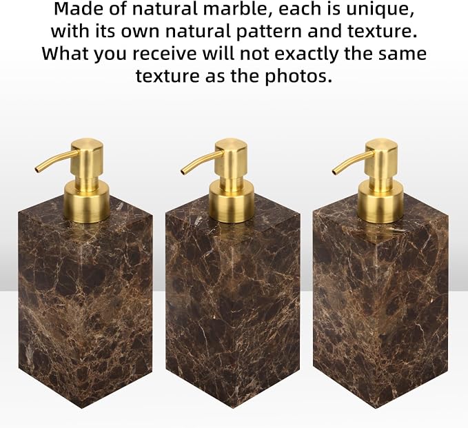Natural Marble Soap Dispenser for Bathroom and Kitchen Countertop - 5.41 Ounces Hand Lotion and Liquid Stone Shampoo Laundry Bottle with Pump (1, Dark Brown, Rectangular Bottle)