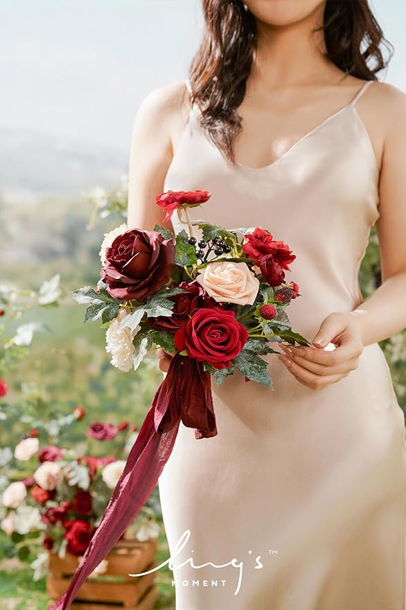 Ling's moment Fake Flowers Box, Faux Greenery Stems Silk Rose Artificial Ranunculus Foam Gardenia for Wedding Bouquets Centerpieces Table Decorations Floral Arrangement, Bordeaux Red, Deluxe Combo