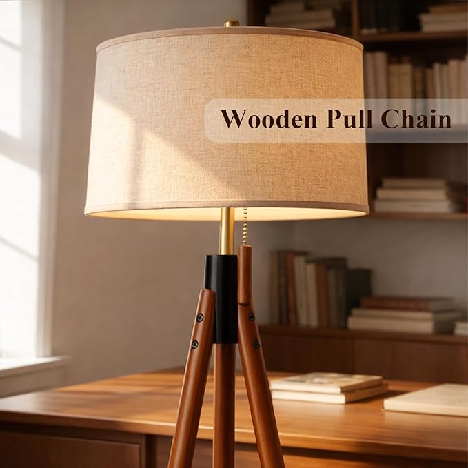 Mid Century Modern Tripod Floor Lamp, Gold Accented Two-Tone Solid Wood Floor Lamp with Black-Finished Solid Wood Center, Linen Shade & Pull Chain, Tall Lamp for Living Room Bedroom Reading Corner