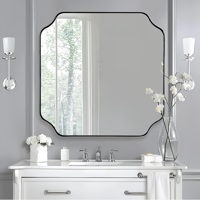 ANDY STAR 30"x30" Chrome Square Mirror, Polished Nickel Scalloped Bathroom Mirror for Over Sink, Modern Decorative Mirror with Designer Rounded Notched Corners, Anti-Rust SUS304 Frame