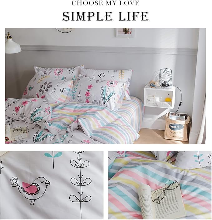HighBuy Floral Printed Bedding Set Twin XL Duvet Cover Girls Cotton Comforter Cover Twin XL Size Garden Aesthetic Reversible Striped Bedding Sets 3 Piece Boho Comforter Cover Duvet Cover Set