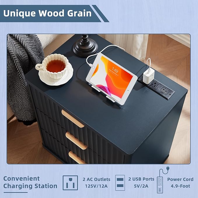 LEYAOYAO Fluted Nightstand Set of 2 with Charging Station,23" Modern Nightstand with Woodgrain Top, 3 Drawer End Table w/Storage, BedsideTables for Bedroom, Living Room, Curved Profile,Blue