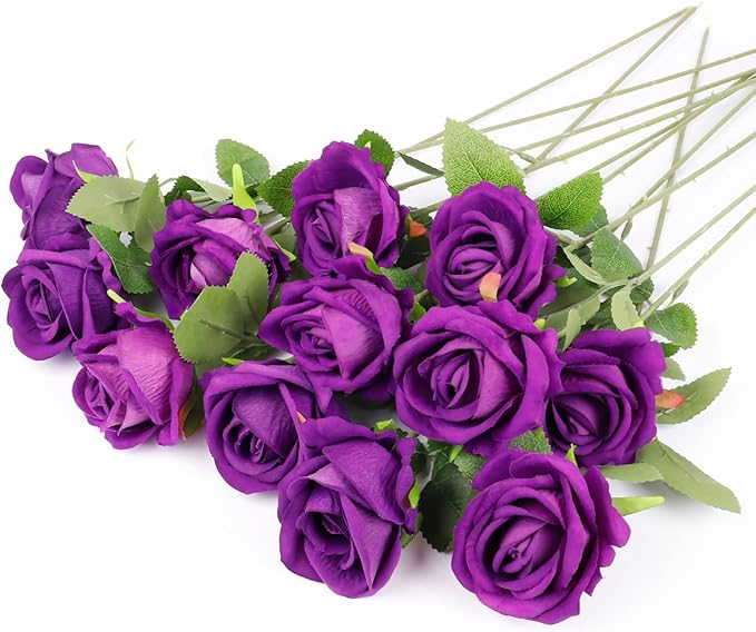 12 Pcs Artificial Rose Flowers, Silk Roses with Long Stems, Realistic Fake Roses for Wedding Centerpiece Party Home and Office DIY Decor, Purple