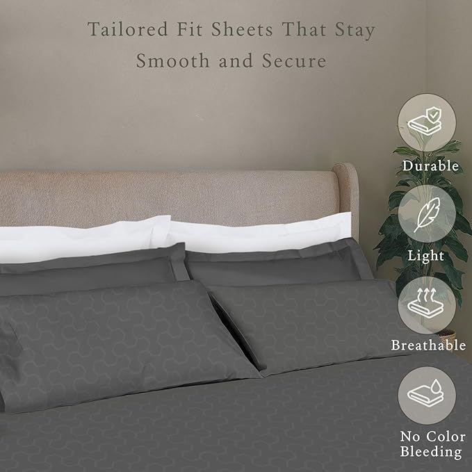 Threadmill 500 Thread Count Queen Size 4 Pc Luxury Cotton Bedding Sheets, Jacquard Floria Dark Grey, Silky Smooth Sheets with 16" Elasticized Deep Pocket, 2 Pillowcases & Free Tote Bag