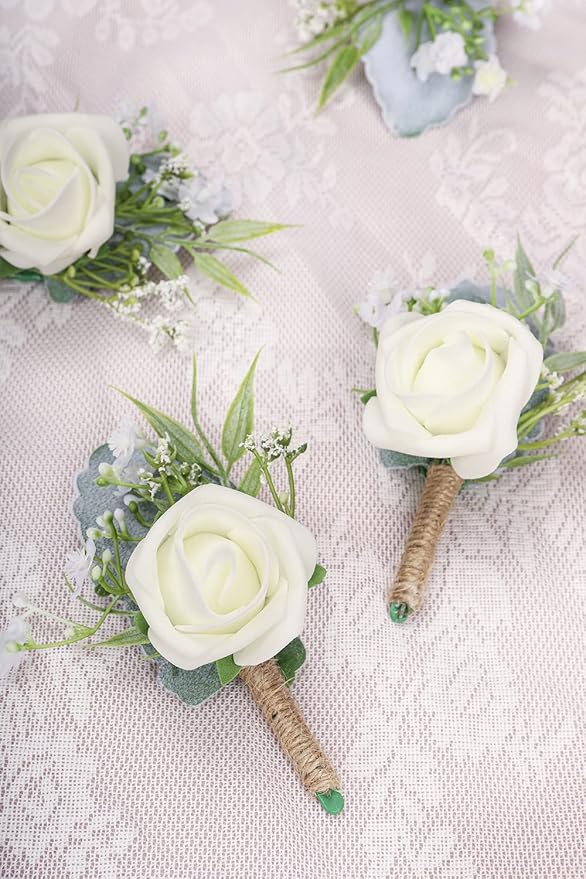 Rose Boutonnieres for Men Wedding Groom and Groomsmen White Boutonniere for Rustic Fall Vintage Wedding Prom Set of 10