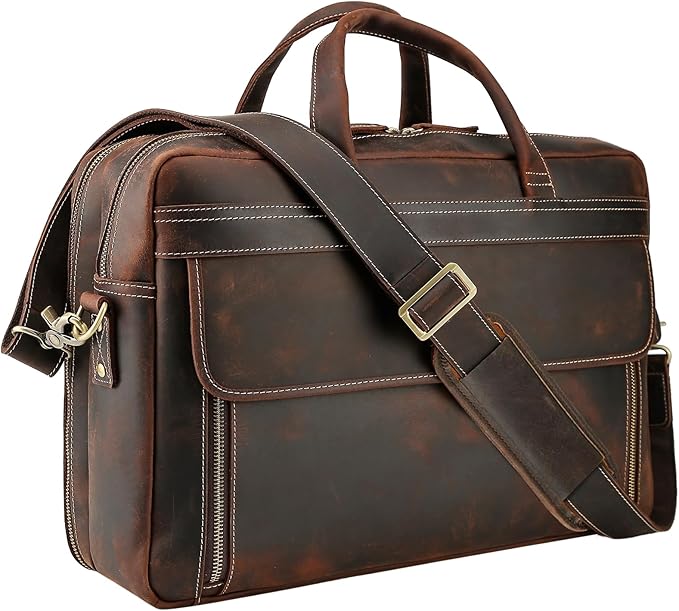 Masa Kawa Leather Briefcase for Men 15.6", 17" Laptop Computer Case Business Travel Work Messenger Cross Body Shoulder Bag