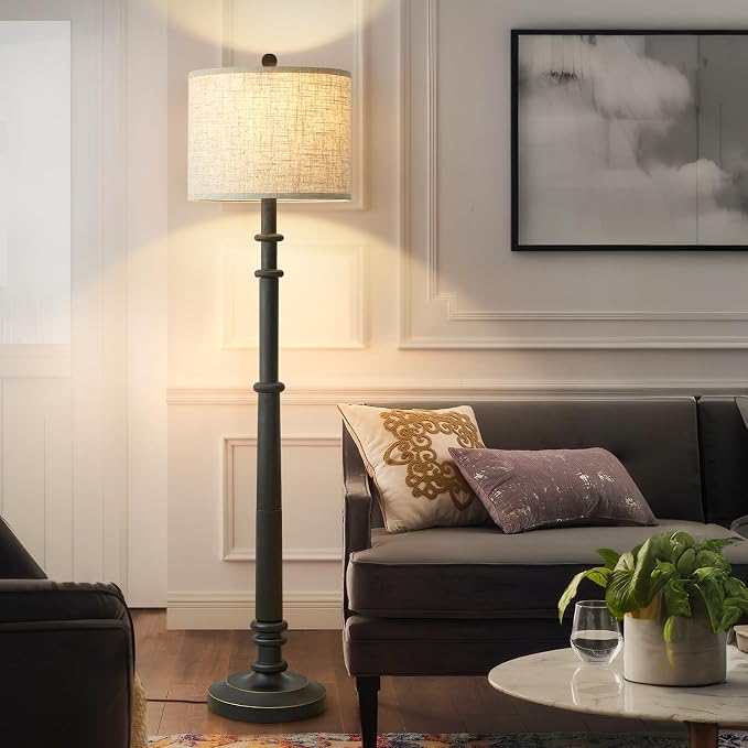Floor Lamps for Living Room - 60" Resin Farmhouse Floor Lamp with Adjustable Color Temperatures - Vintage Standing Lamp Reading Light with Linen Shade Retro Tall Lamp for Bedroom Office, Black