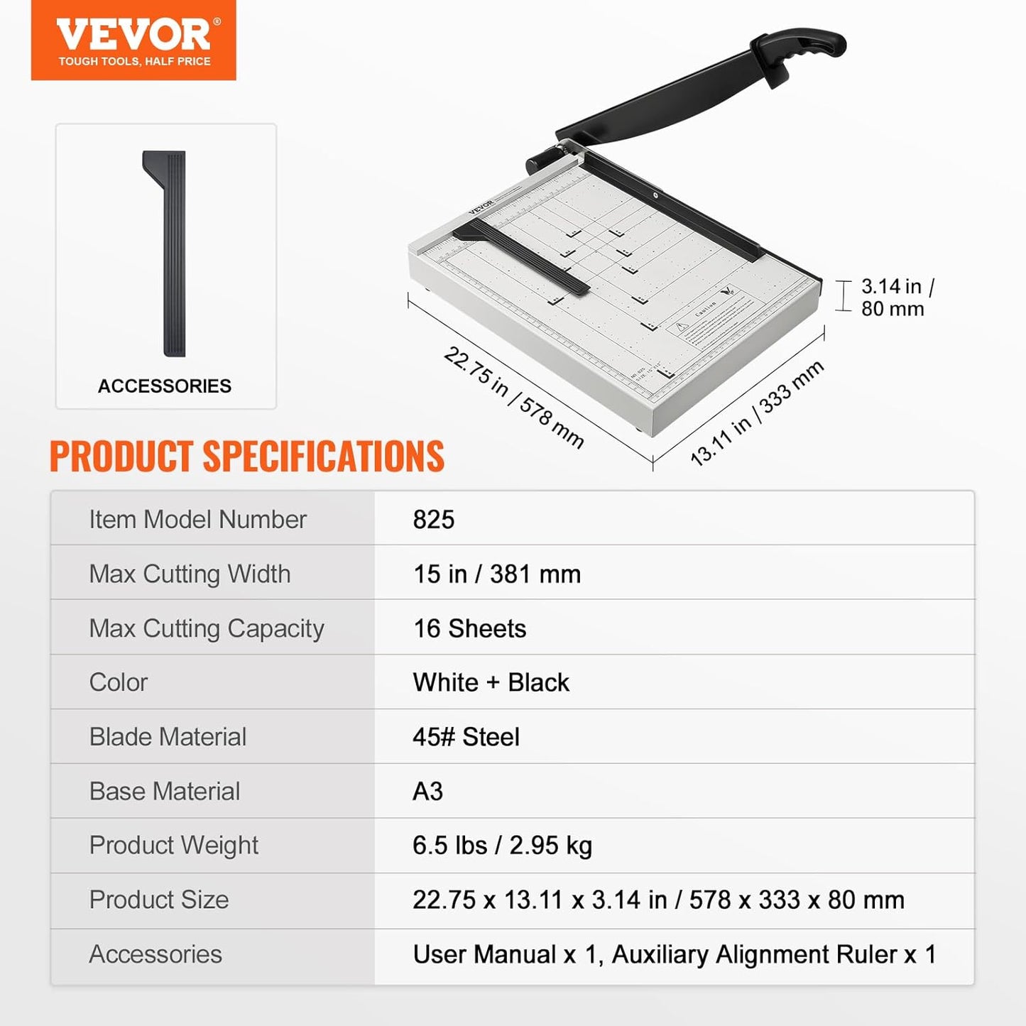 VEVOR Heavy Duty Paper Cutter - 15" Guillotine Trimmer with Blade Lock & Guard Rail | Cuts 16 Sheets