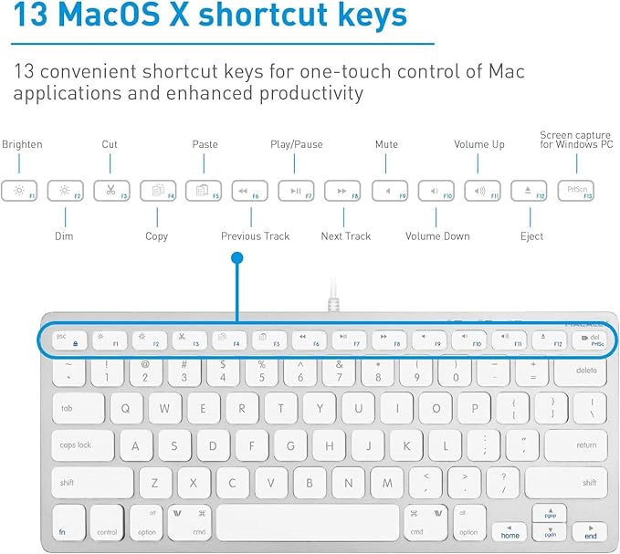 Macally Small Wired Keyboard for Mac and Windows - 78 Scissor Switch Keys Compatible Apple Keyboard for MacBook Pro/Air, iMac, Mac mini/Pro - Plug and Play USB That Saves Space and Looks Great
