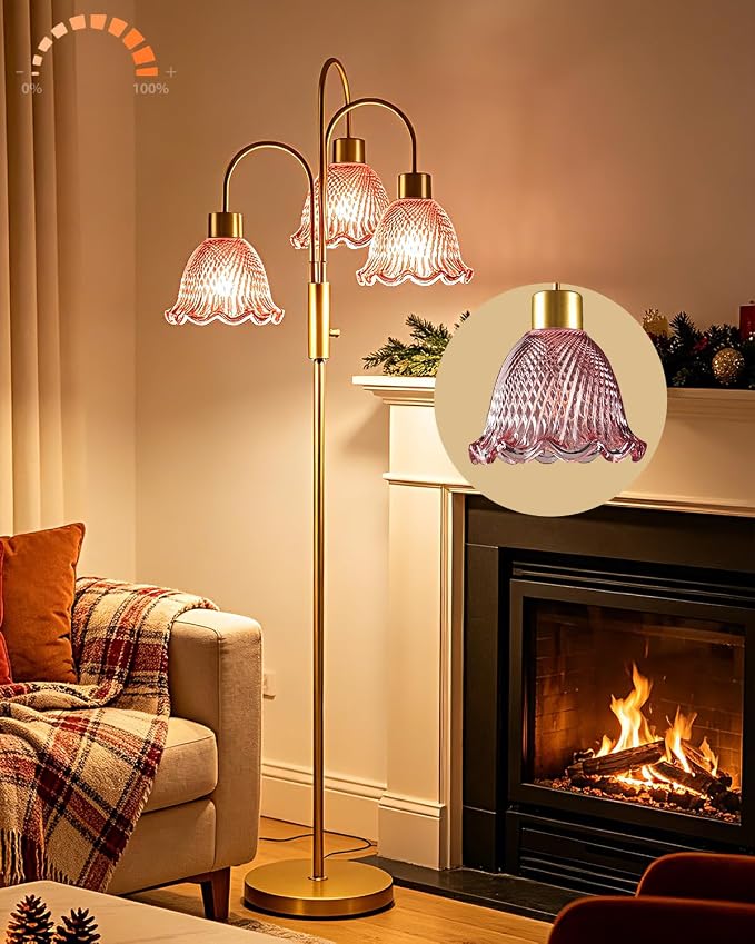 Lightdot 3-Light Glass Floor Lamp for Living Room, 70" Gold Dimmable Standing Tall Lamp with Deep Red Ribbed Glass Shades &3PCS 3000K Warm White Bulbs, Modern Tree Pole Lamp for Bedroom Home Decor
