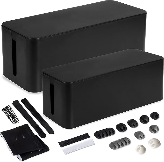 Iron Forge Cable Cable Management Box, 2 Pack - Cord Organizer and Hider for Wires, Power Strips, Surge Protectors & More - Includes Cord Sleeve, Hook and Loop Keepers, Zip Ties & Clips