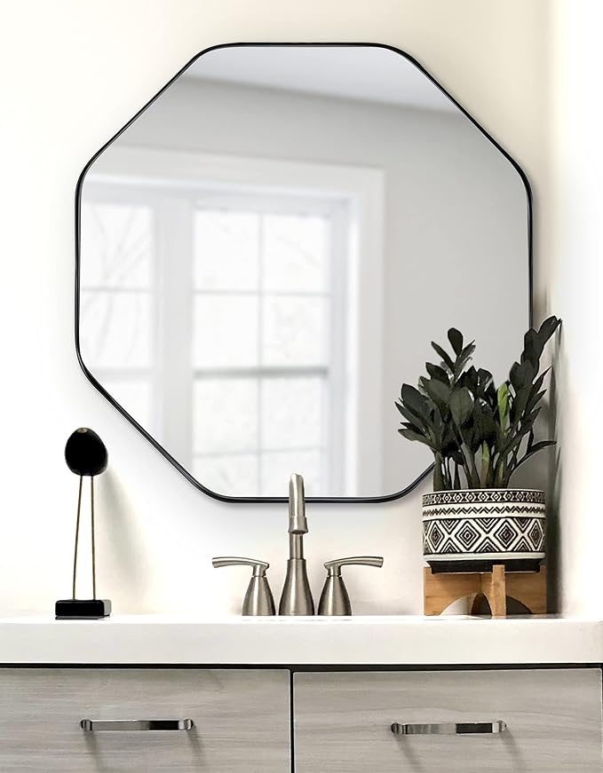 Kate and Laurel Rollo Midcentury Octagon Wall Mirror; 24 x 24; Black; Decorative Geometric Decor for Wall